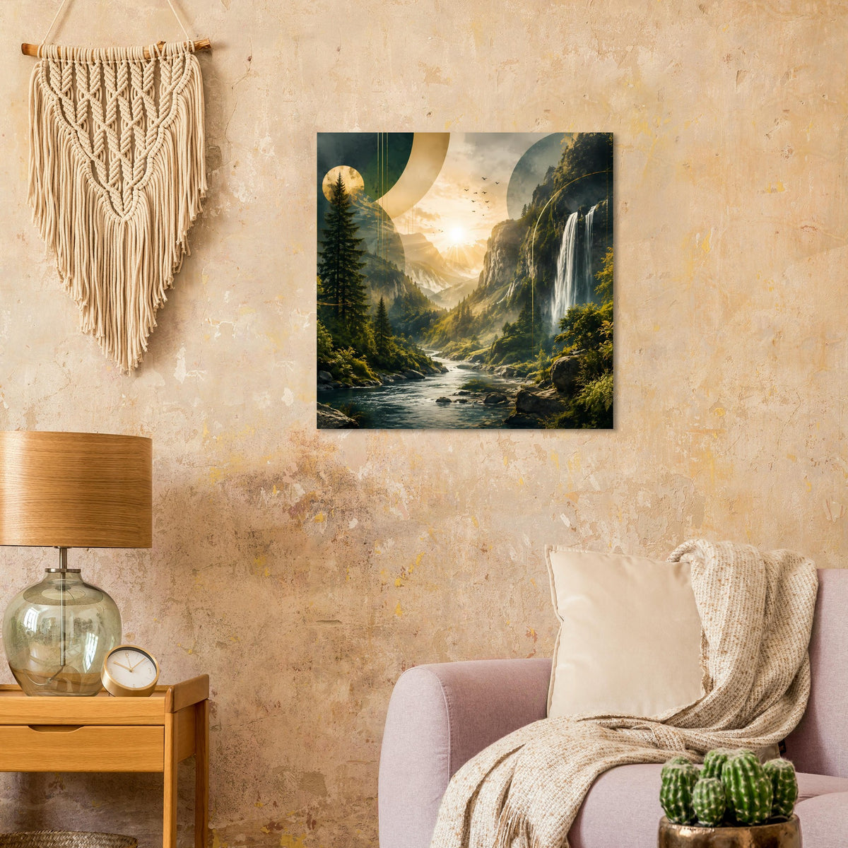 Landschafts-Poster: Wasserfall zwischen Bergen und Wald, warmes Licht im schwarzen Rahmen
