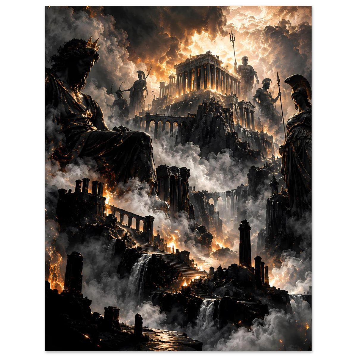 Fantasy-Poster mit düsteren Felsruinen, Statue im Vordergrund und leuchtender Wolkenlandschaft
