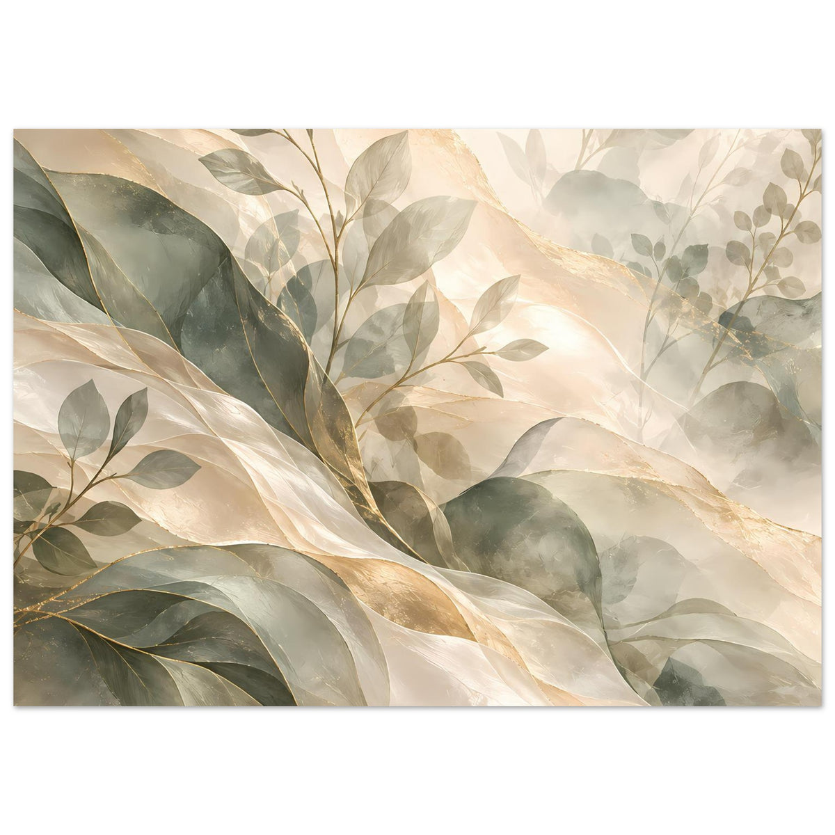 Rahmenkunstposter, breit, mit transparent wirkenden Blättern in Salbeigrün, Creme und Gold
