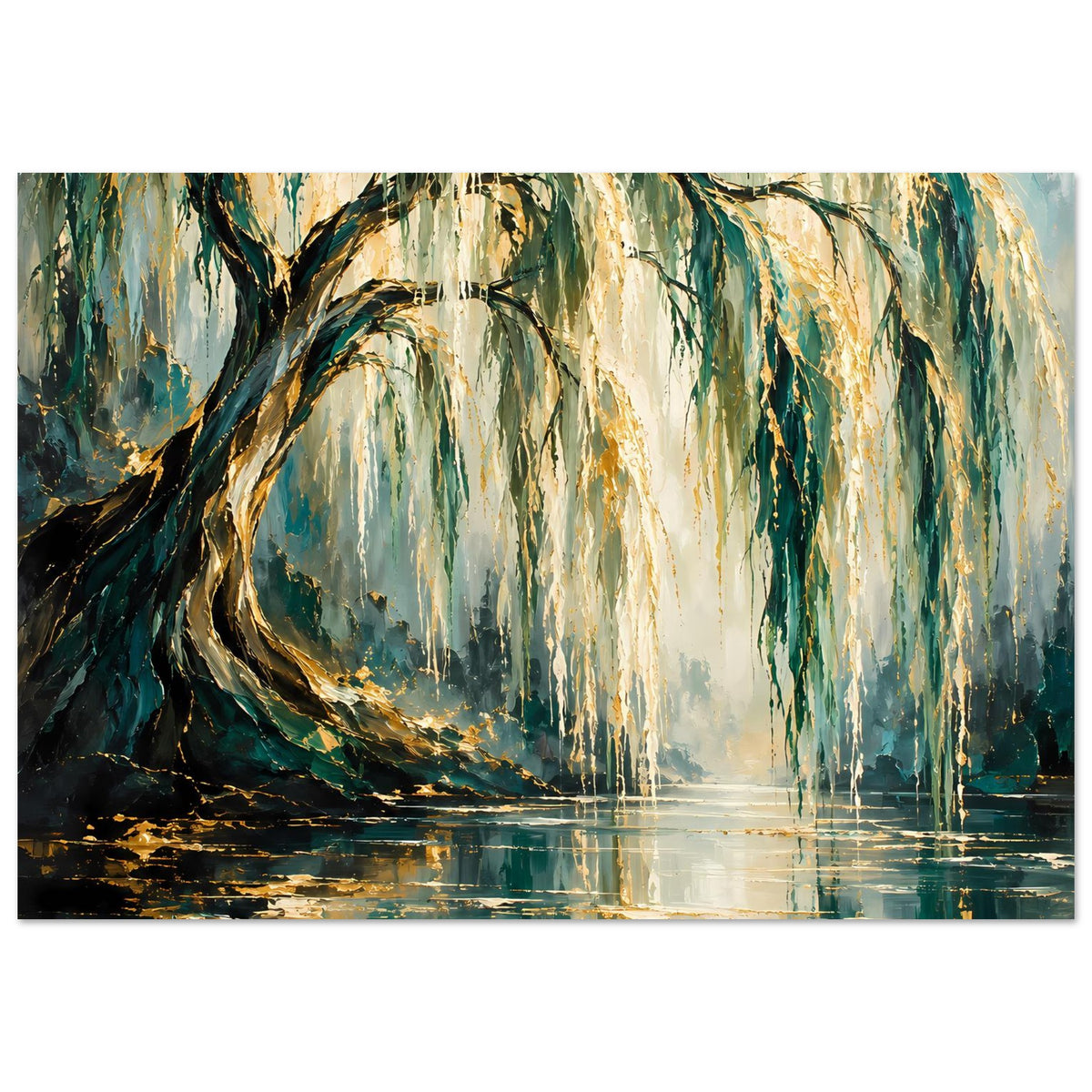 Breites Poster mit Weidenbaum-Motiv: goldene Akzente im Wasser, dunkle Äste am linken Rand