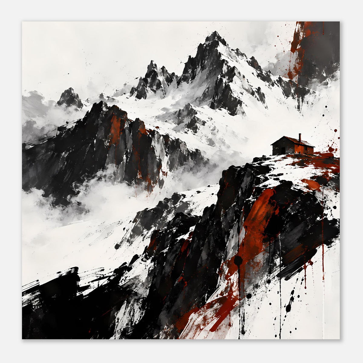 Horizontales Poster mit Berglandschaft, Schneeverlauf und roten Sprenkeln