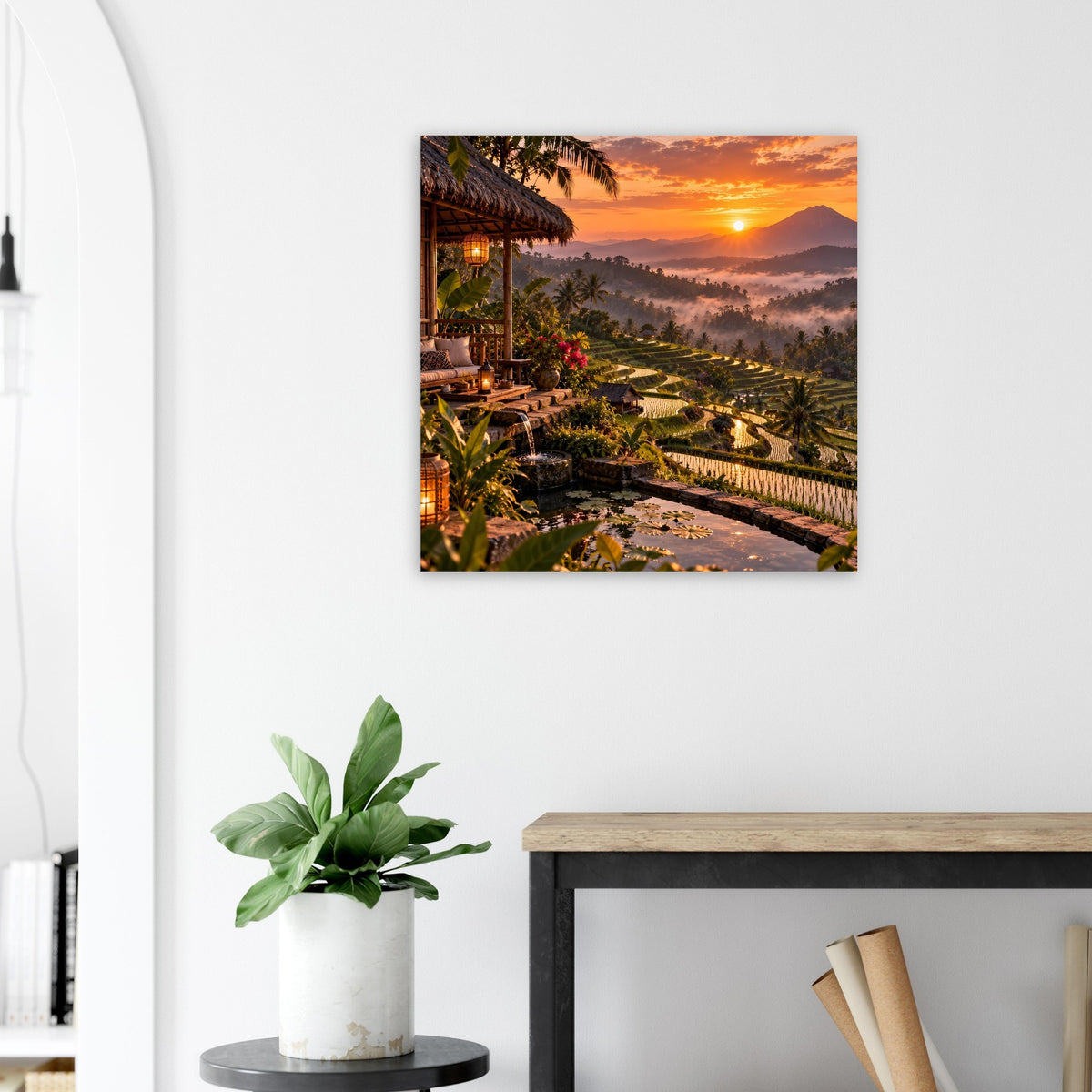 Wandbild-Poster mit Blick auf tropische Terrassen und Lodge bei Sonnenuntergang