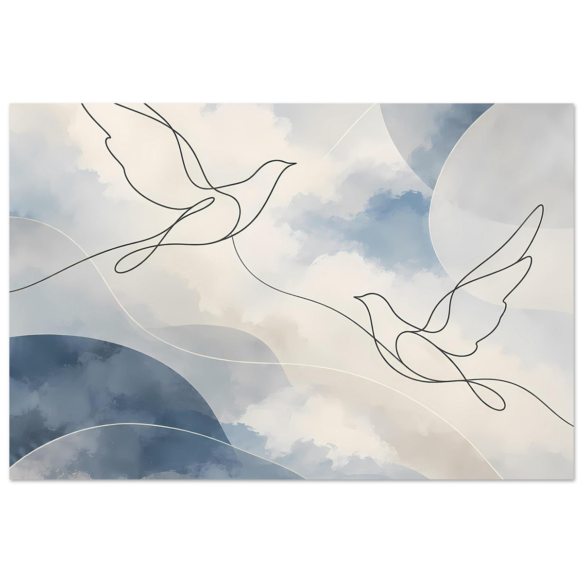 Himmelskunst-Print mit Tauben-Linienzeichnung, hellen Wolken und blauem Bogenverlauf