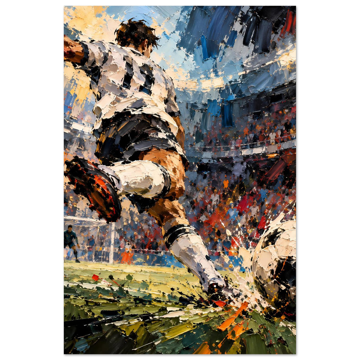 Fußball-Actionposter im Hochformat: Spielszene mit Spielerstoß und Tor