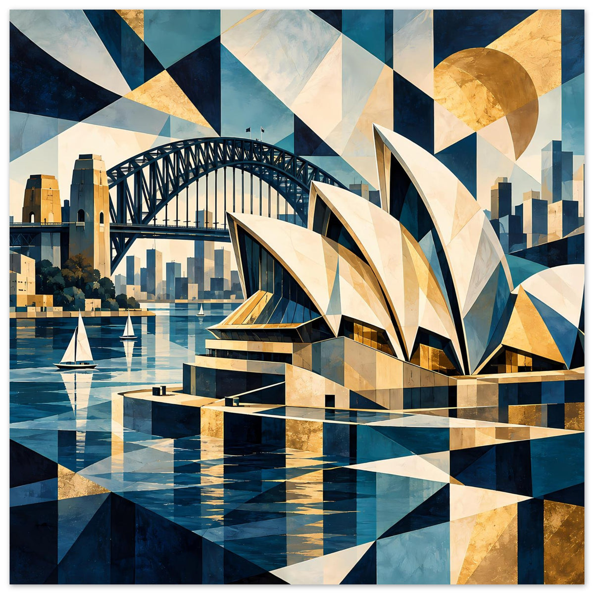 Poster mit geometrischem Hafenmotiv: Brücke, Segelboote und Opernflügel, blau-gold
