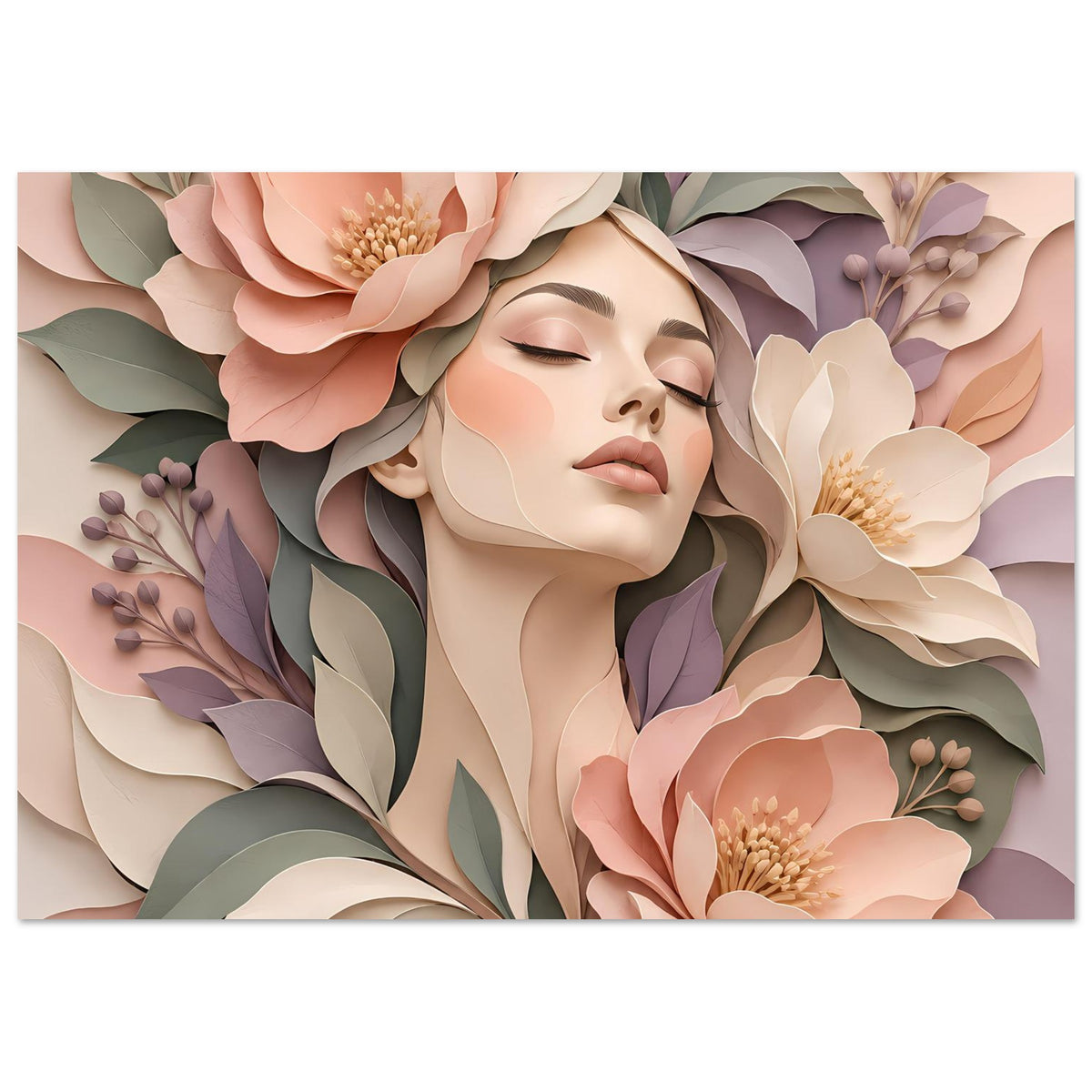 Florales Portrait-Poster mit Frauengesicht und offenen Augen, in Pastellfarben, horizontal
