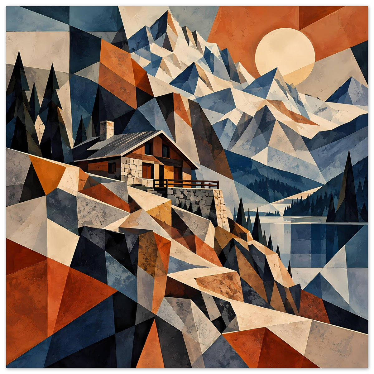 Geometrisches Berglandschafts-Poster mit Haus, Bergen in Blau, Rostrot und Erdtönen