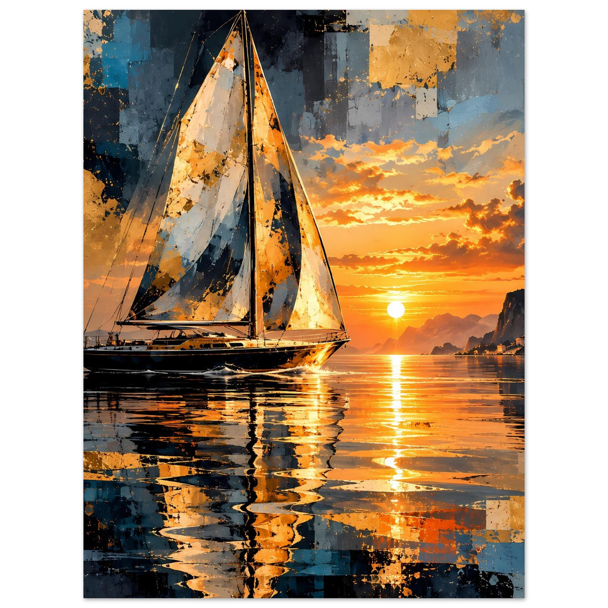 Segelboot-Sonnenuntergang Poster mit reflektierter Segelboot-Szene auf mattem Papier, vertikal