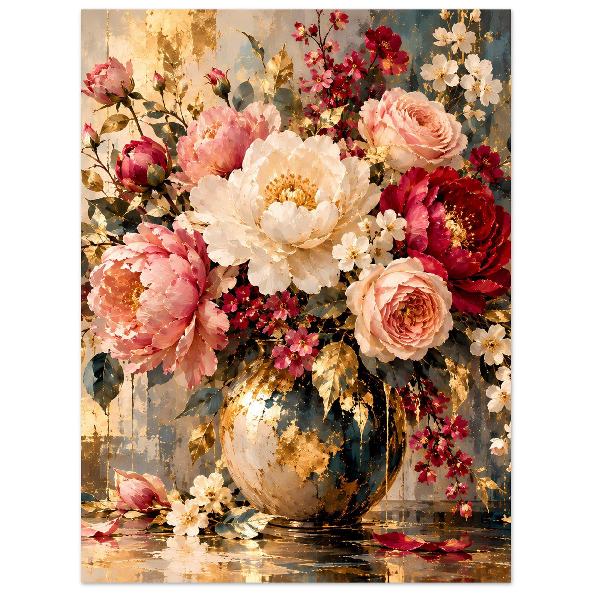 Blumenposter: zentrale Vase mit Pfingstrosen und Rosen, umgeben von kleinen Blüten in Rot und Weiß.