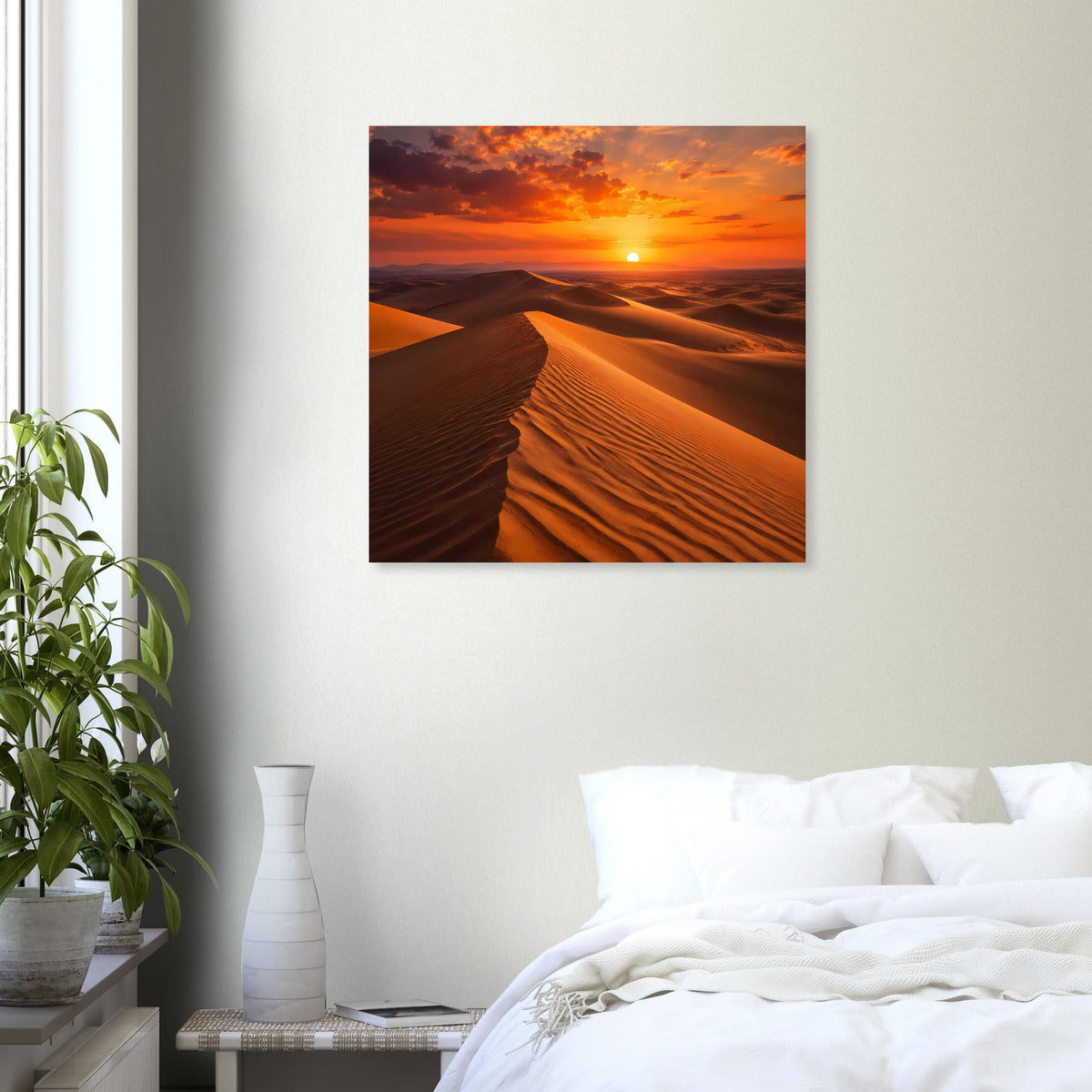 Gerahmtes Wandposter mit Wüstendünen und untergehender Sonne, quadratisch