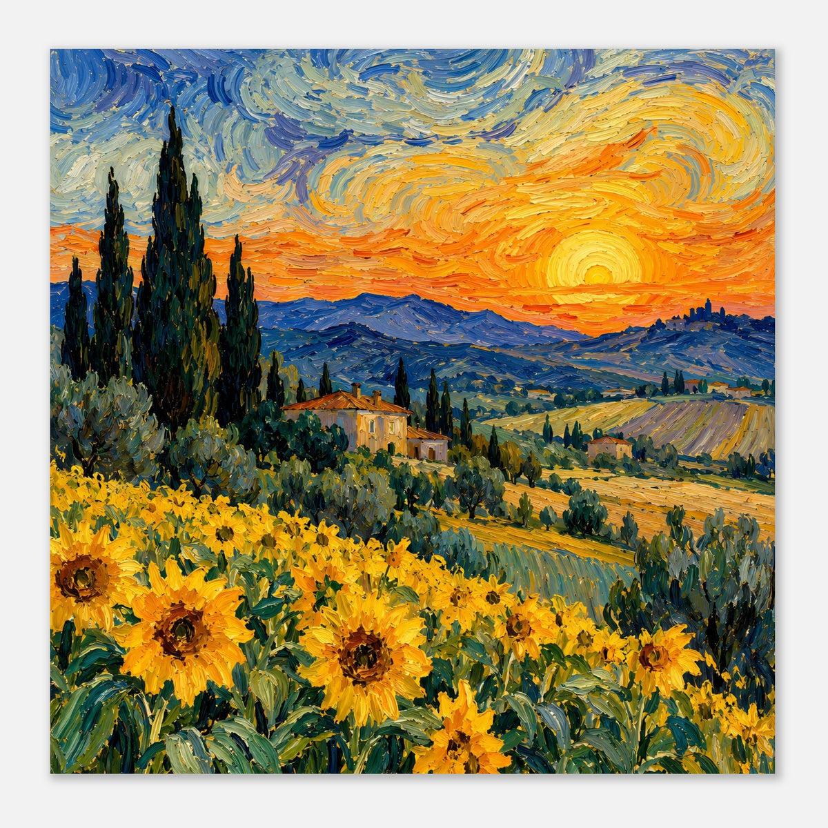 Gerahmtes Poster im Querformat: orangefarbener Sonnenuntergang, gelbe Sonnenblumen und Zypressen