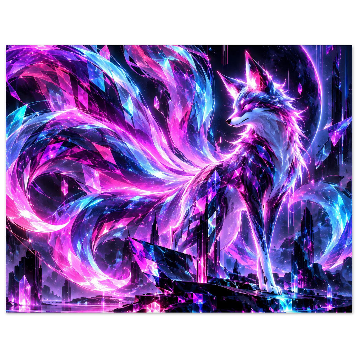 Neon-Fantasy-Poster mit leuchtendem Fuchs und violett-blauen Kristalllichtern über Skyline (Querformat)