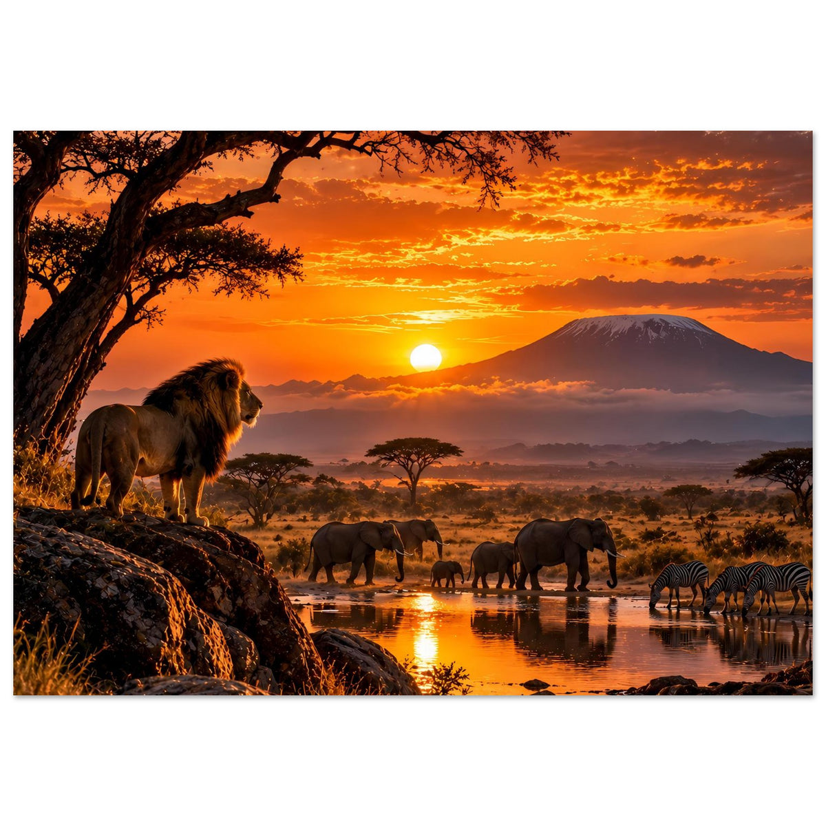 Horizontales Safari-Poster mit Löwe links, Elefanten am Wasser und Zebras am rechten Rand