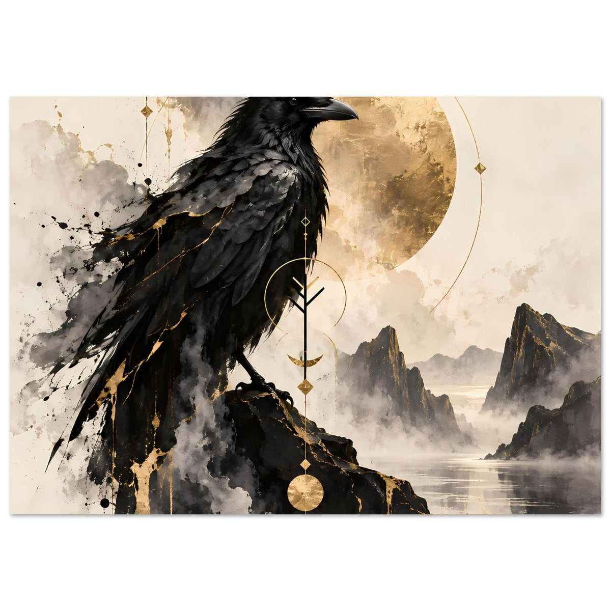 Vogelkunst-Poster, schwarzer Rabe mit goldenen Highlights, neblige Berge und Wasser