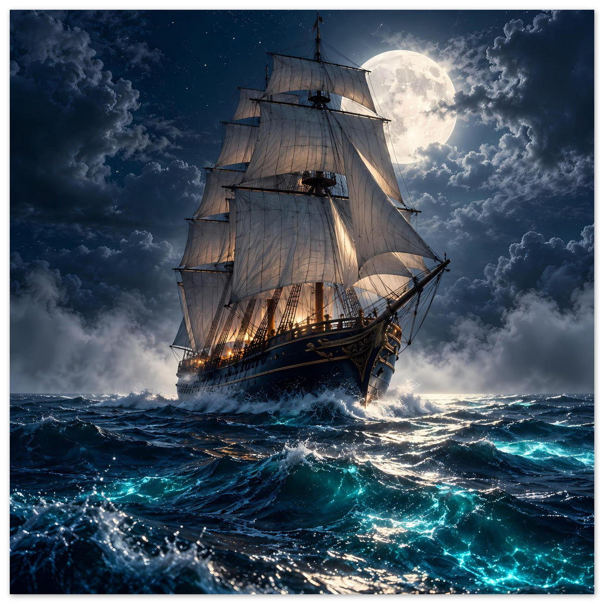 Poster im Querformat mit Segelschiff bei Vollmond, großen Wolken und aufgewühlter See