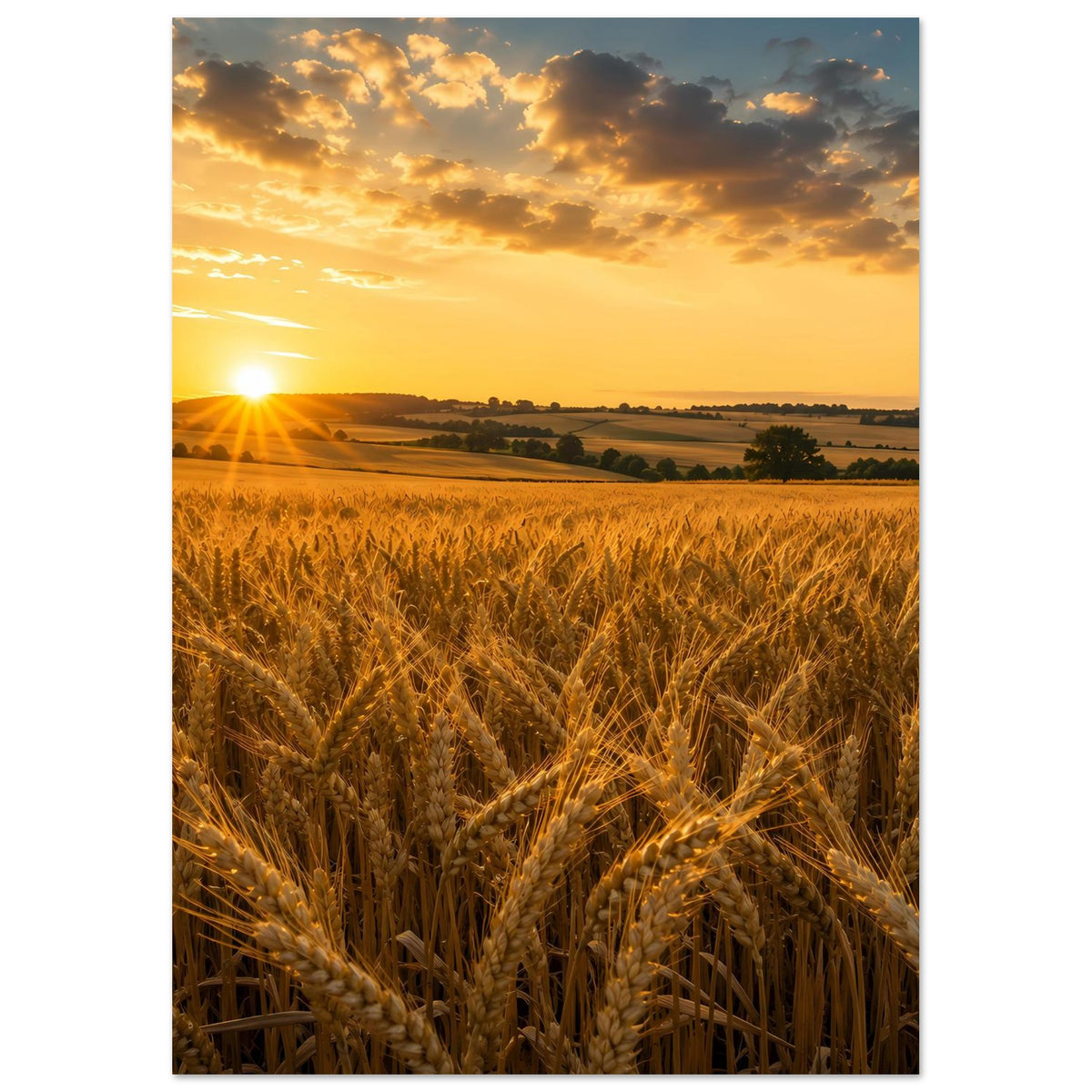 Poster im Hochformat mit goldenen Weizenähren, Sonnenaufgang und wolkigem Himmel