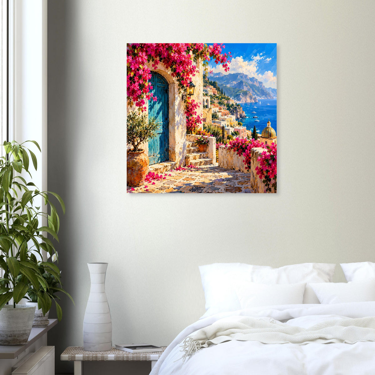 Quadratisches Poster im Rahmen mit mediterraner Gasse, farbigen Blumen und Küstenblick