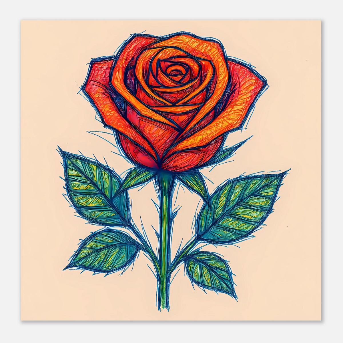 Rosenposter im Sketch-Stil, kompakter Ausschnitt: orange-rote Rose mit grünen Blättern