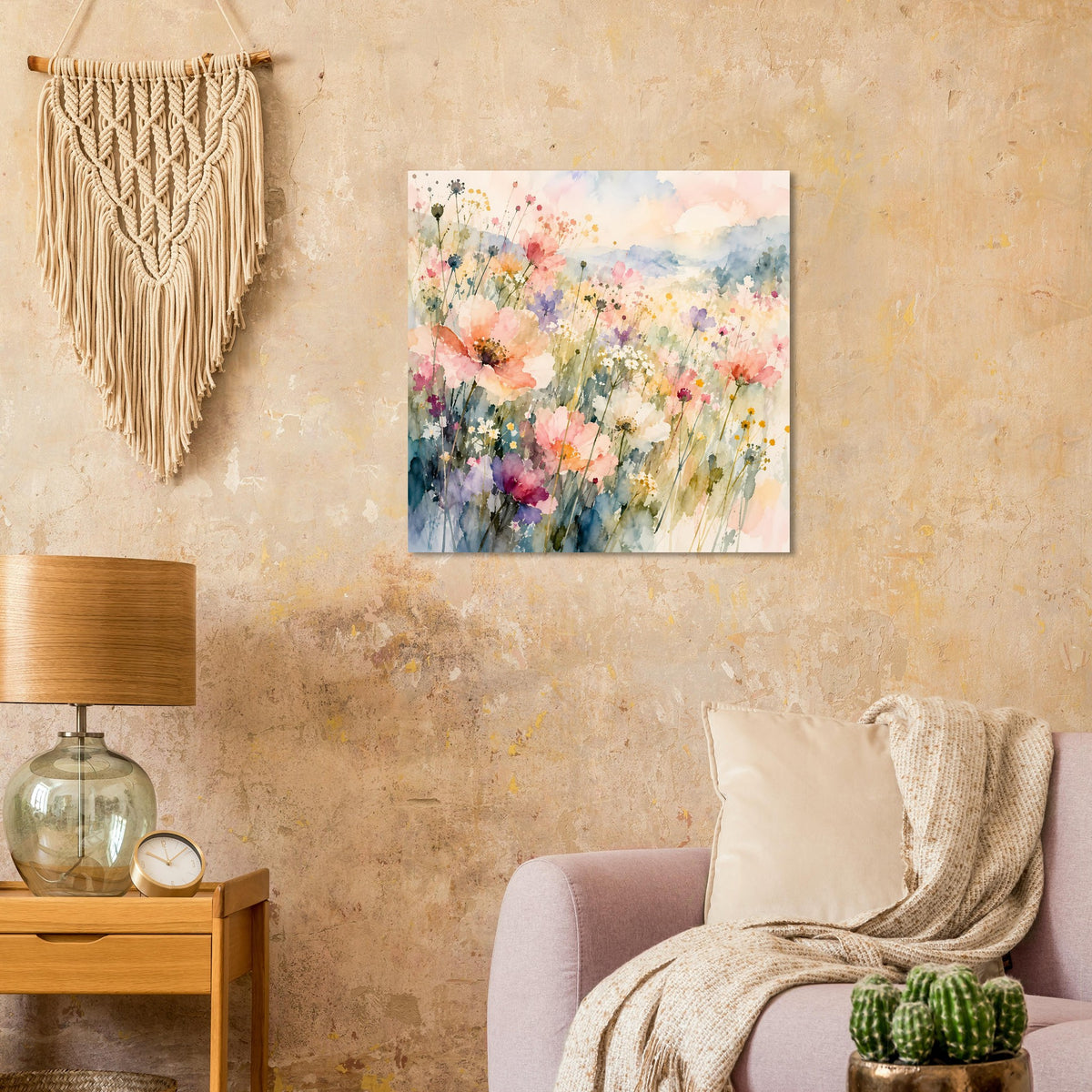 Wildblumen-Aquarellposter, pastellig mit bunten Blüten und feinen Pinselverläufen