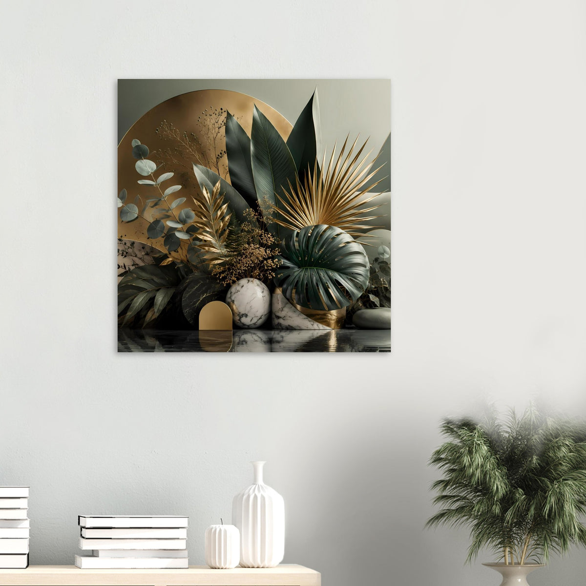 Botanisches Poster mit tropischen Blättern, goldenen Akzenten und Marmormotiven, horizontal