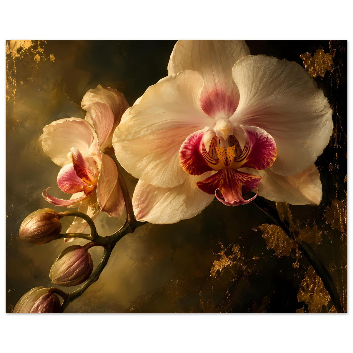 Orchideenposter mit cremeweißer Orchidee, rosa Akzenten am Zentrum und Knospen am Stiel
