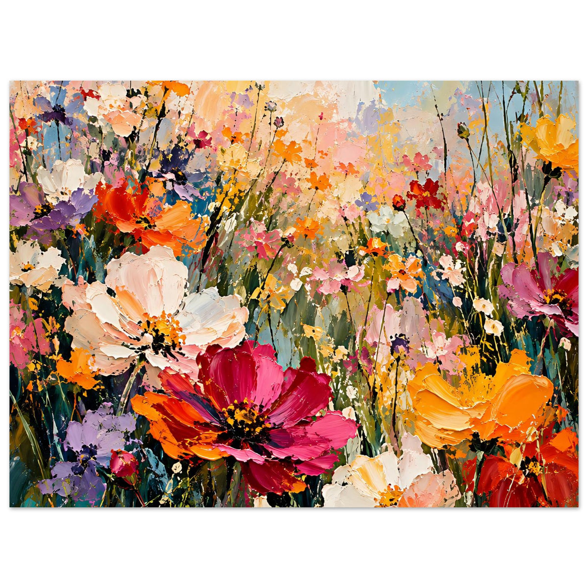 Blumenposter mit breitem Blick auf Blütenmeer, kräftige Farben und feine Farbspritzer