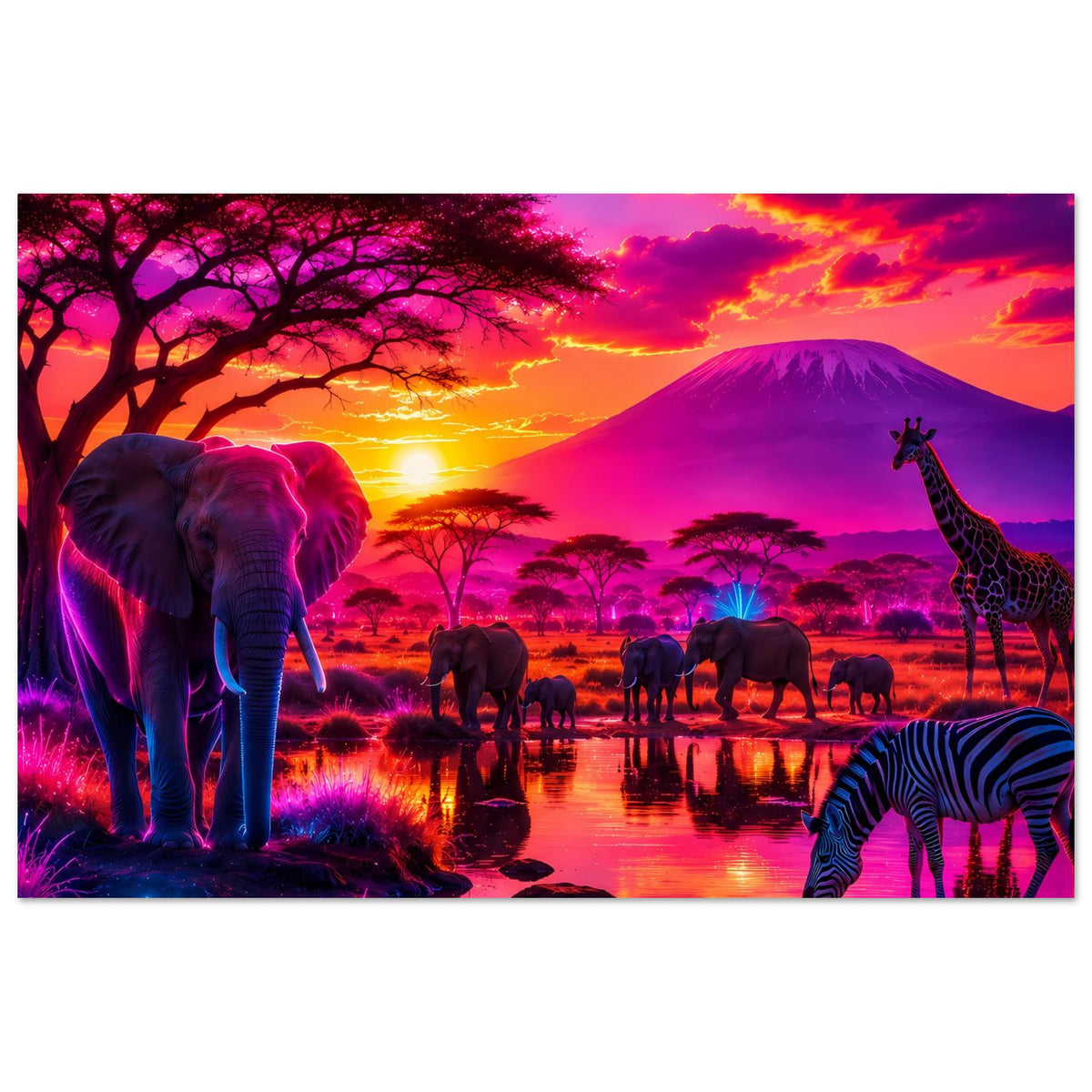 Wildlife-Poster mit Elefant links, Giraffe rechts, Zebra rechts unten und Sonnenuntergang