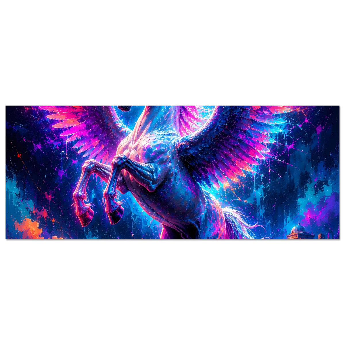 Neon-Pegasus-Poster im Querformat: geflügelte Galopp-Szene