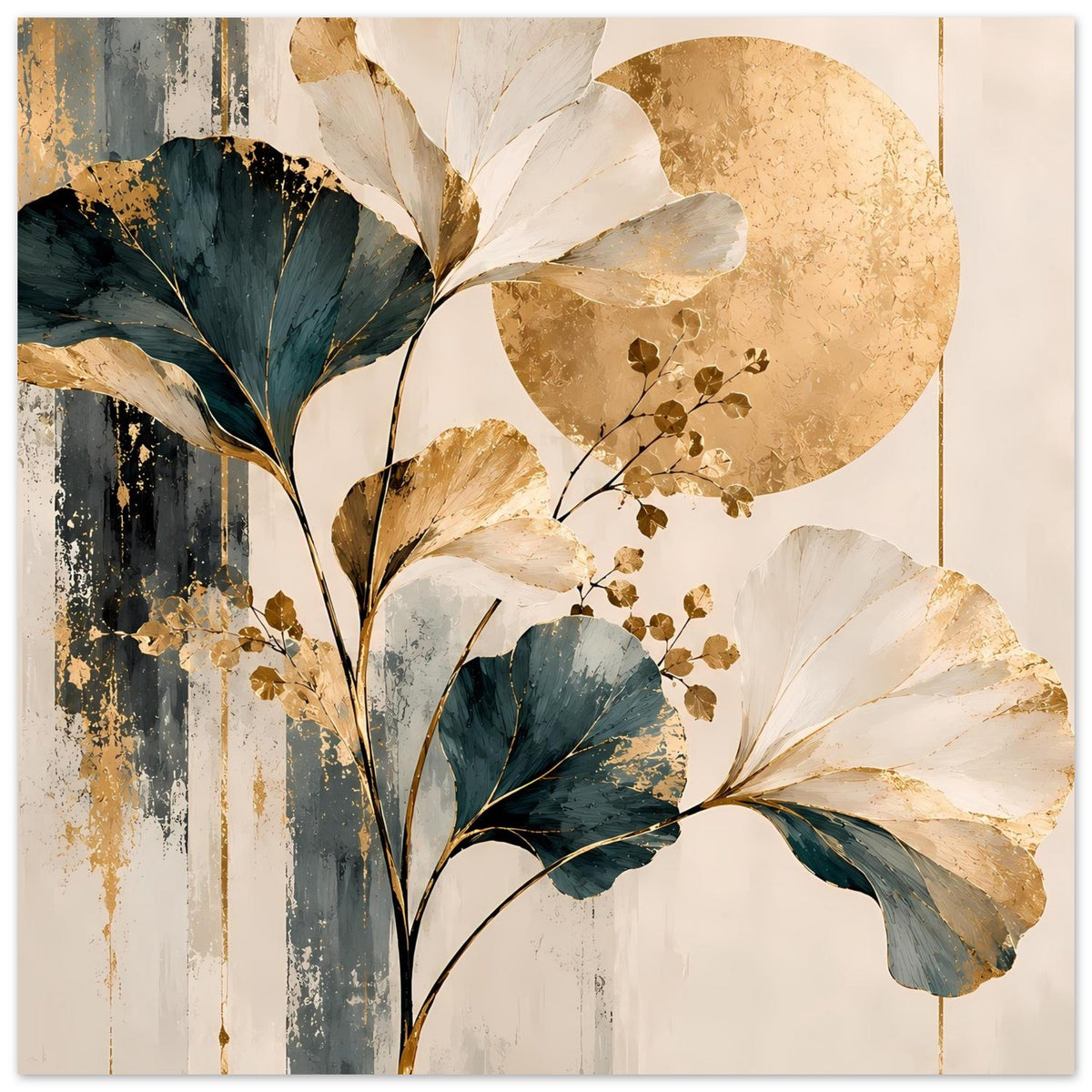 Poster im Gesamtbild: goldene Ginkgoblätter, Sonnenscheibe und abstrakter Blattzweig