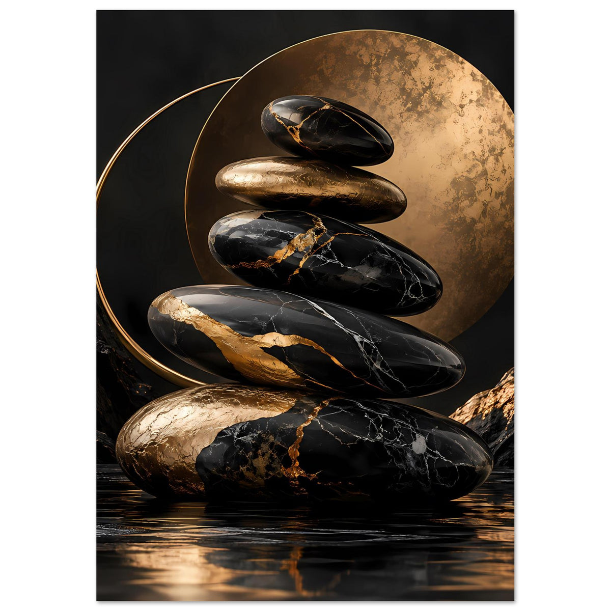 Poster mit Zen-Steinen: goldene Scheibe und mehrere schwarze Steine mit goldenen Adern