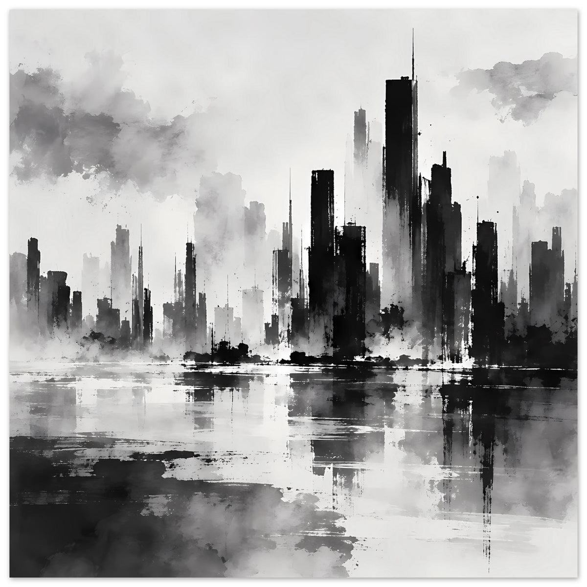 Schwarzweiß-Poster mit hoher Skyline, Wolkennebel und Reflexionen auf dem Wasser, horizontal