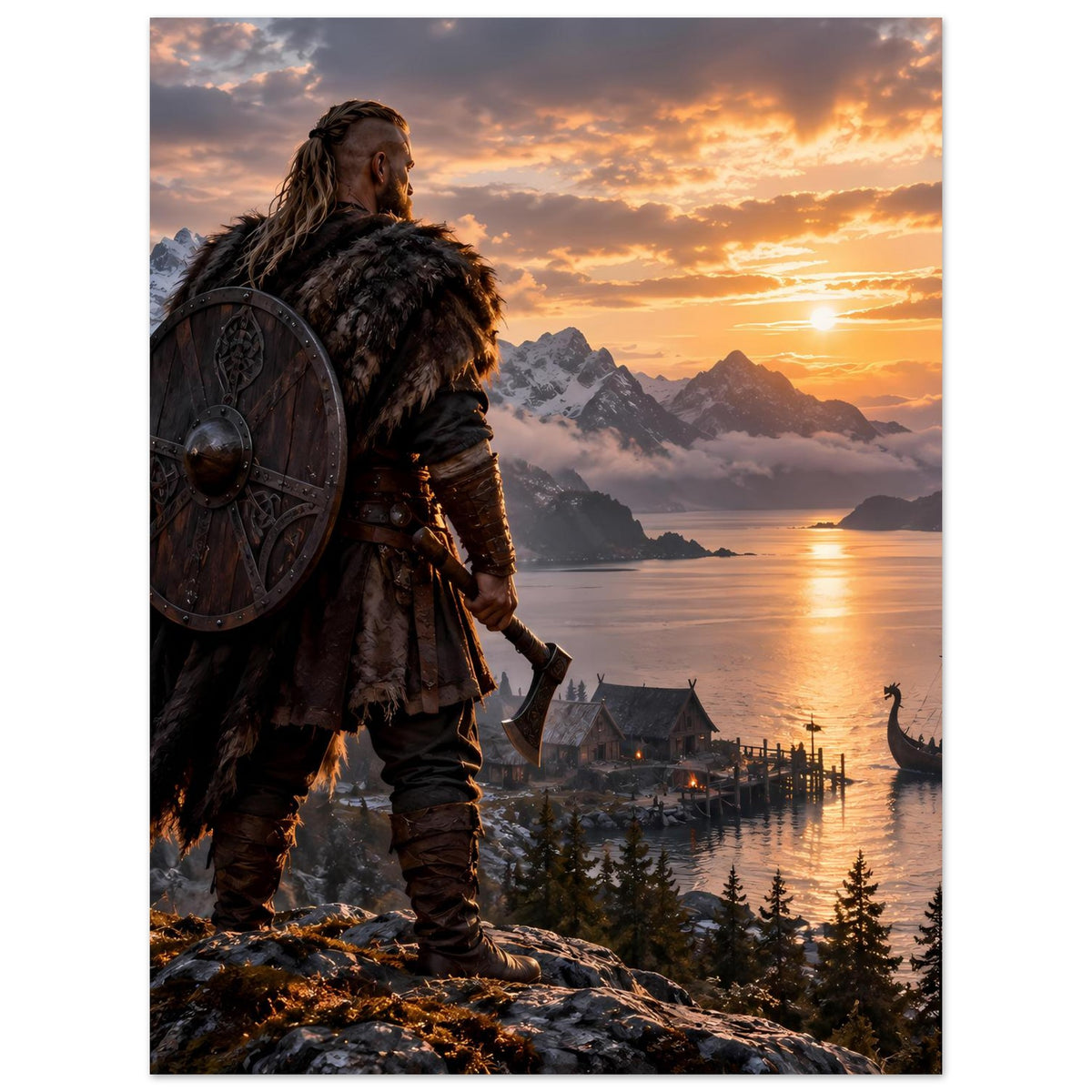 Wikinger-Poster: Krieger mit Rundschild auf Fels, Fjord und Berge im Sonnenuntergang