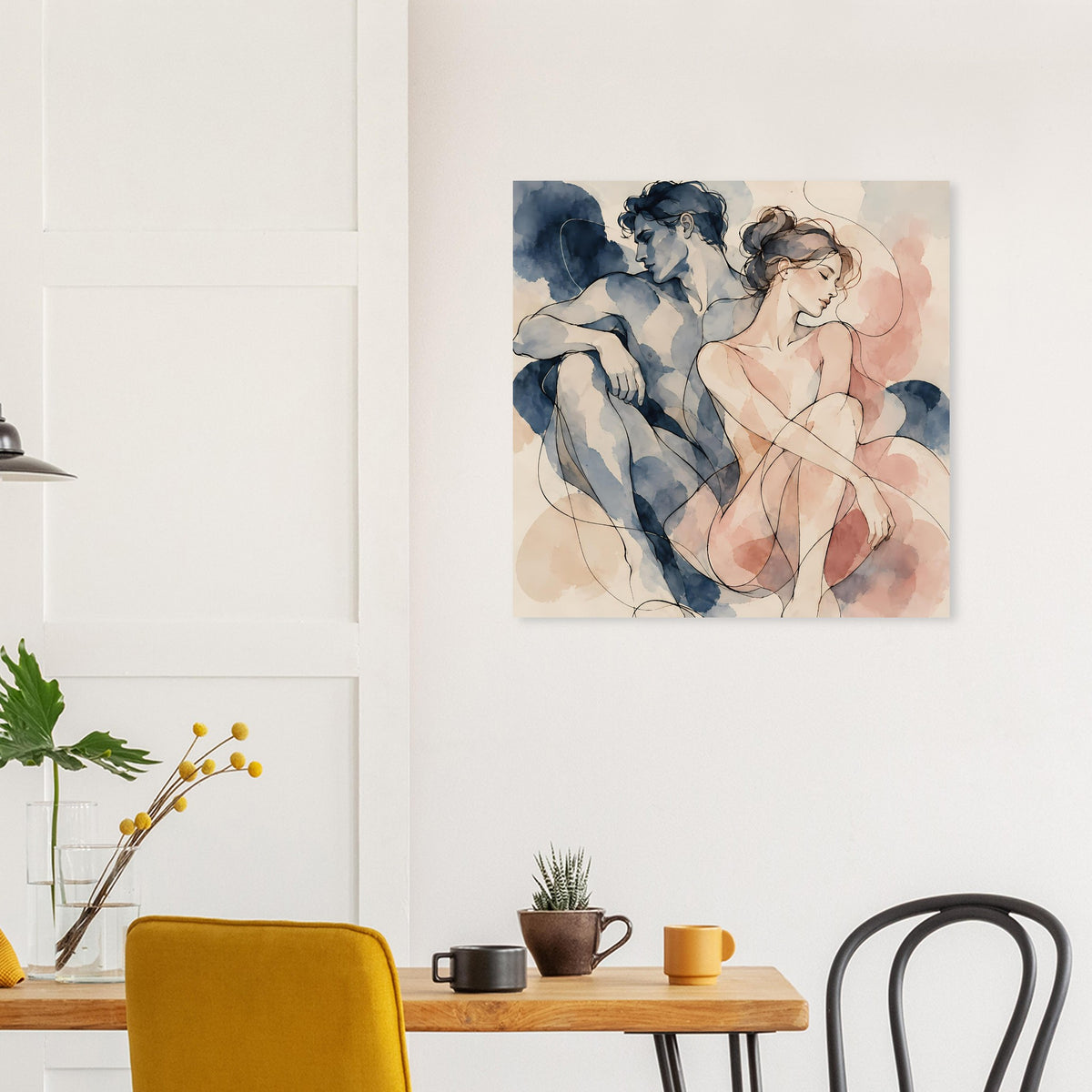 Wasserfarben-Poster mit Paardarstellung in Blau und Rosa, an weißer Wand