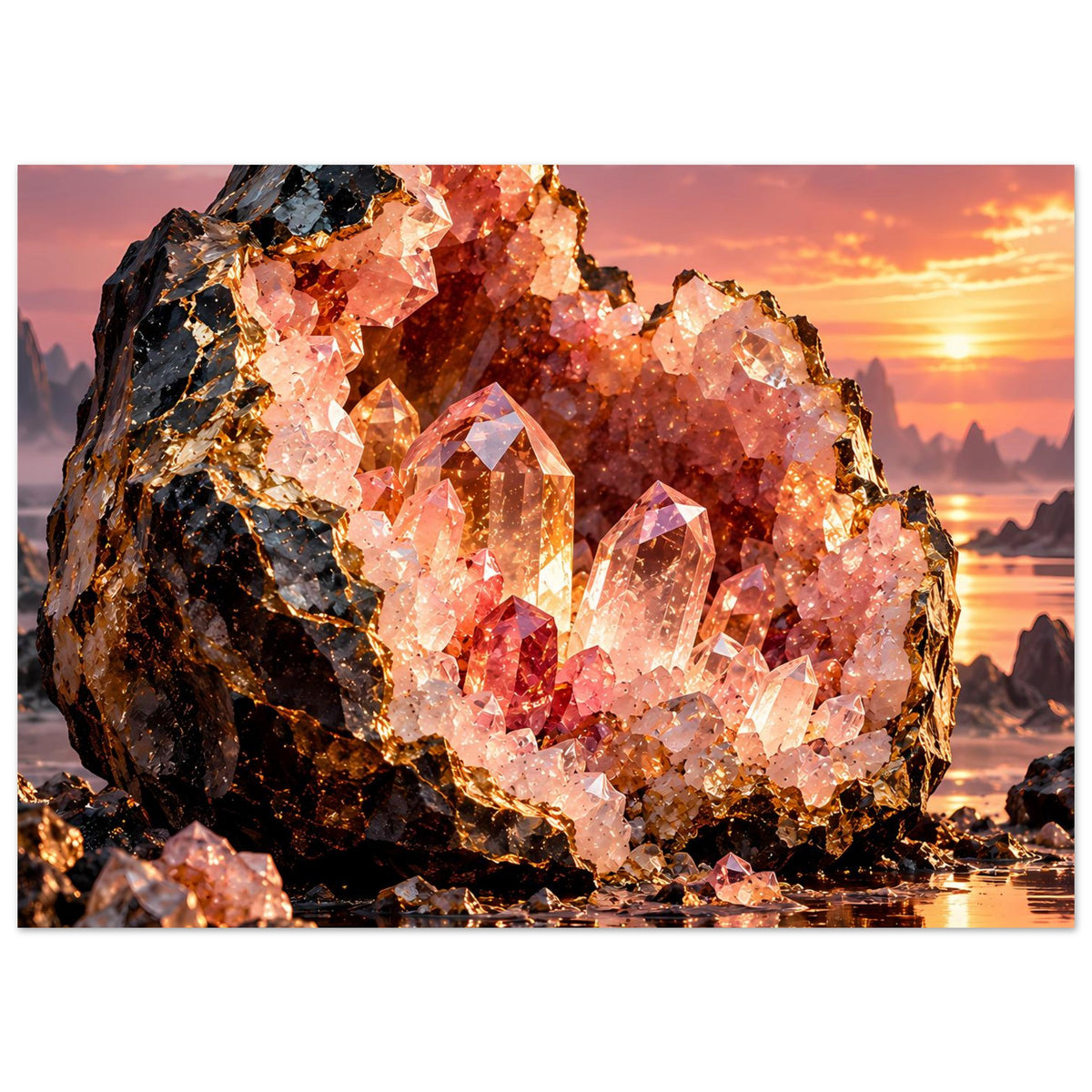 Horizontales Geoden-Poster mit leuchtenden Kristallen bei Sonnenuntergang