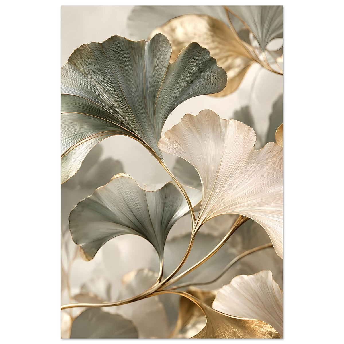 Vertikales Poster mit Ginkgo-Blättern: Grau-Grün, Creme und Goldlinien im Detail