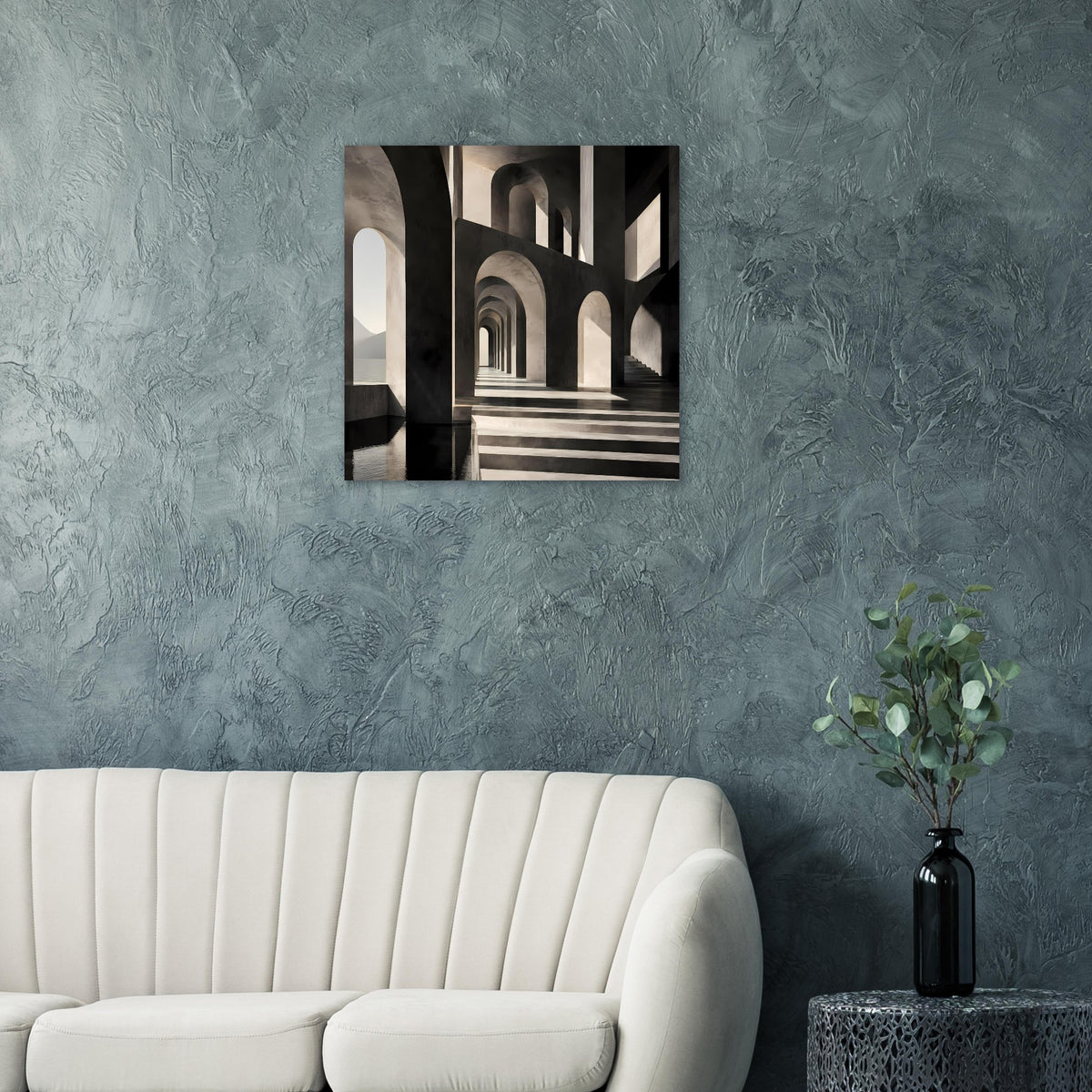 Architekturposter mit Korridor und Bögen in Schwarz‑Weiß