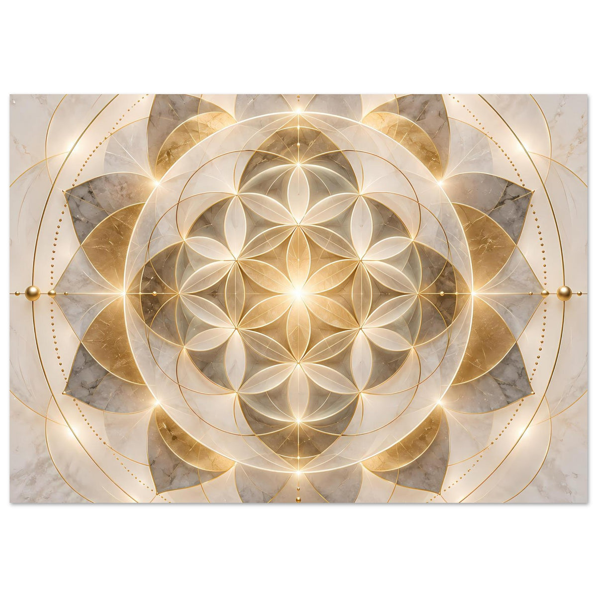 Goldenes Mandala-Ornament-Poster mit goldener Blume des Lebens und schimmernden Kreisen