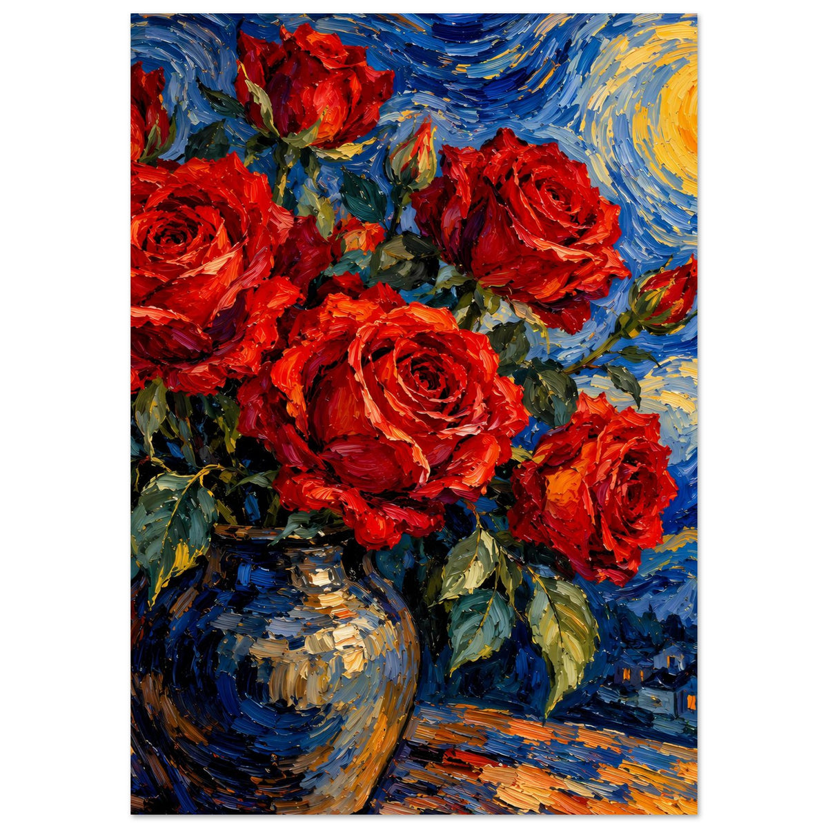 Poster mit rotem Rosenbouquet und blauem Nachthimmel, Hochformat