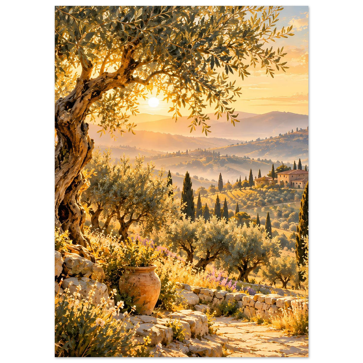 Poster mit Steinen und Tongefäß im Vordergrund, goldene Landschaft mit Zypressen