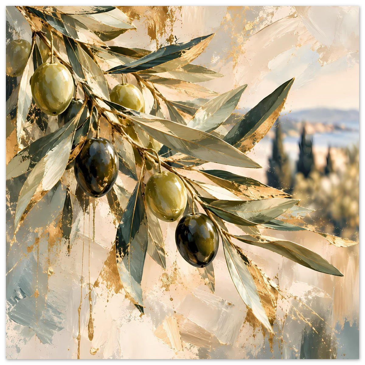 Kunstposter mit Olivenzweigen, hängenden Oliven und gold-olivem Blattwerk im Detail