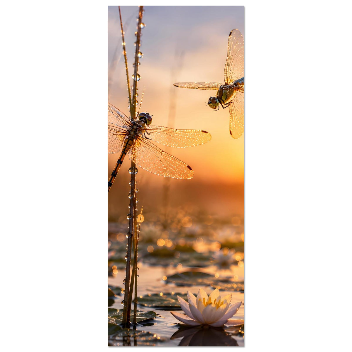 Hochformat-Poster mit zwei Libellen über Seerosen bei Sonnenuntergang