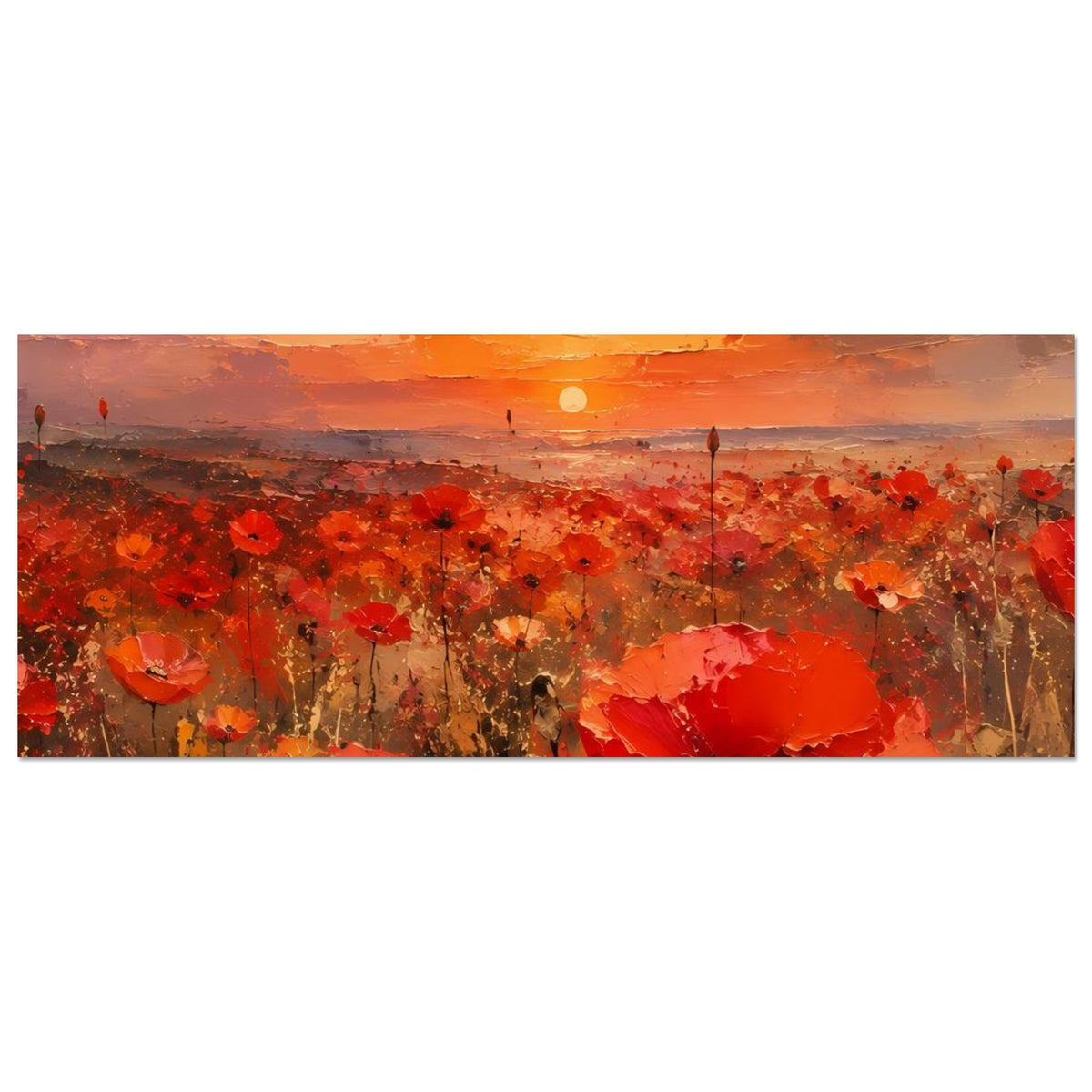 Horizontales Poster mit rotem Mohnfeld und Sonnenuntergang, große rote Blüten im Vordergrund