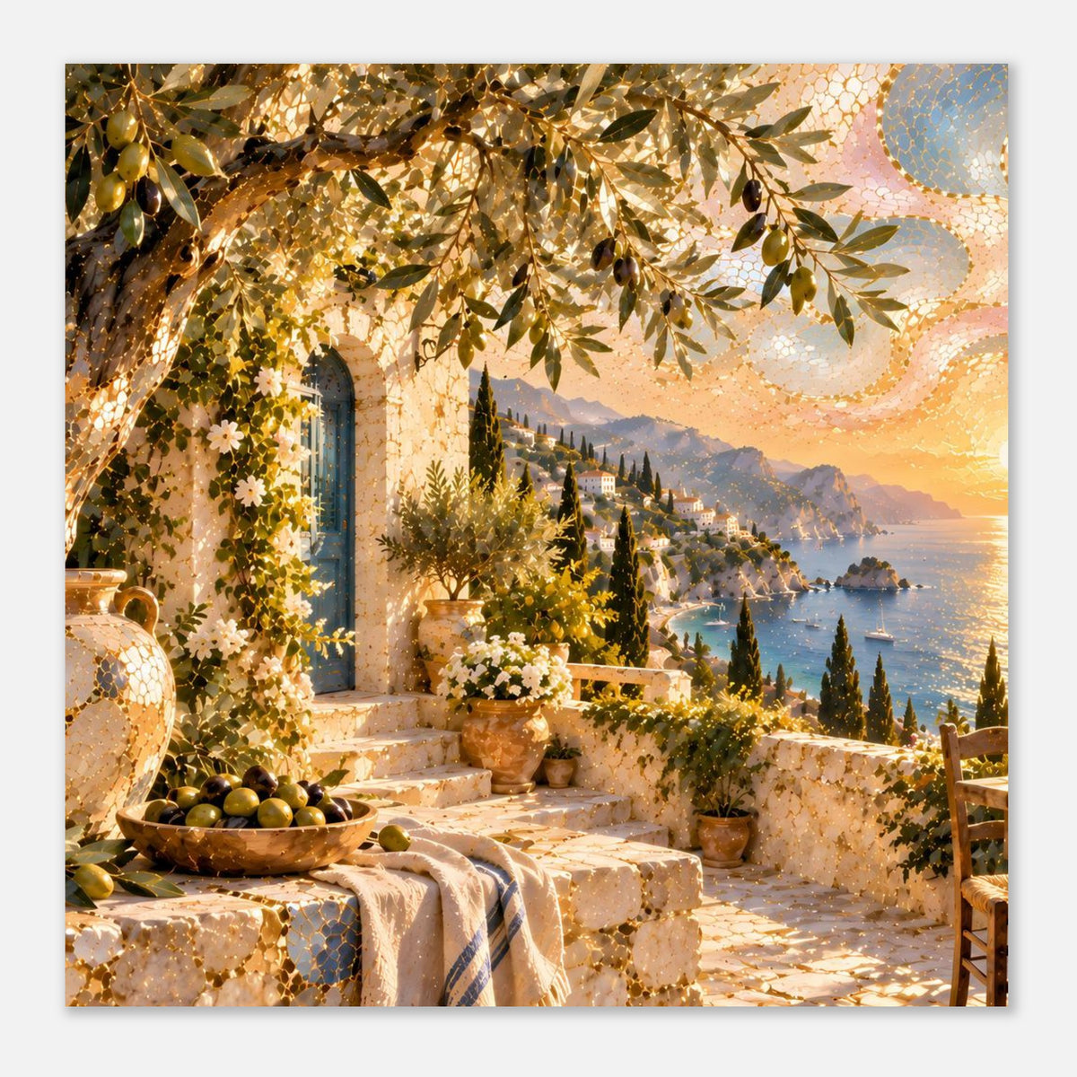 Mosaikkunst-Print: mediterraner Weg mit Olivenbäumen, goldenen Blättern und warmem Himmel