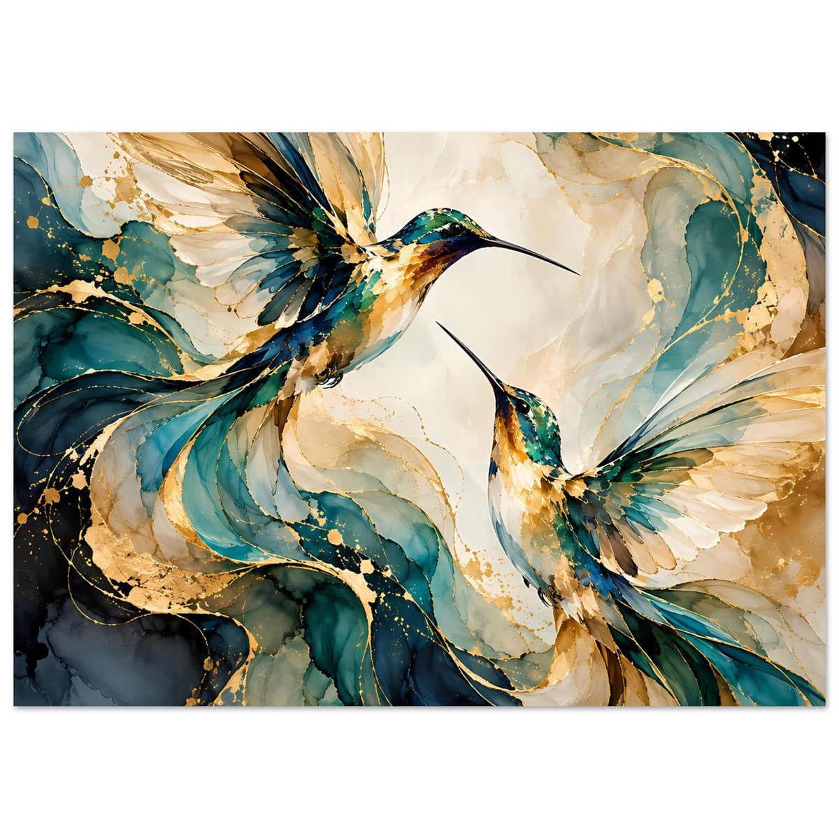 Vogelposter mit schwebenden Kolibris in Blau und Gold, Aquarell-Federn