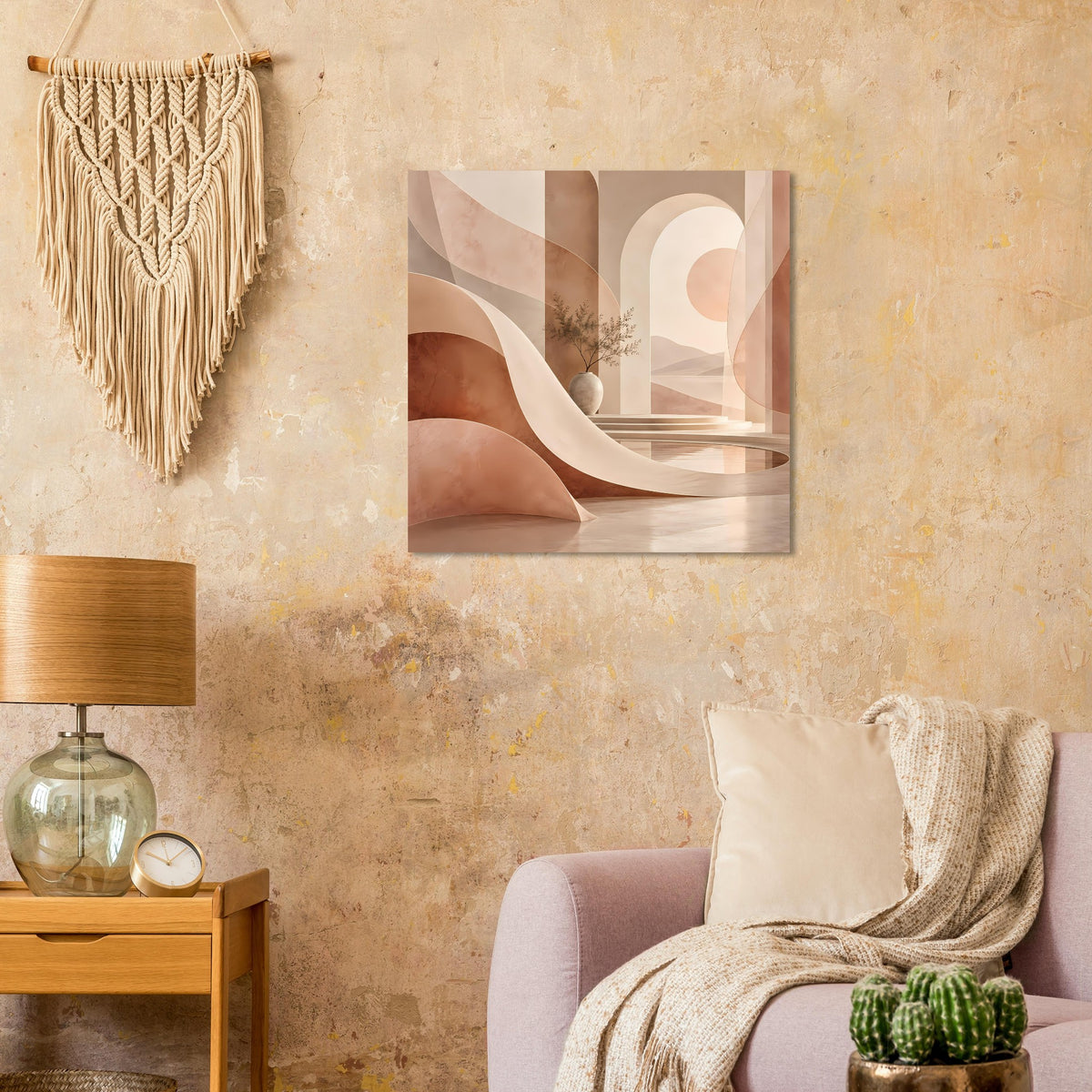 Abstraktes Poster im Holzrahmen mit geschwungenem Torbogen in Beige, Braun und Rosa