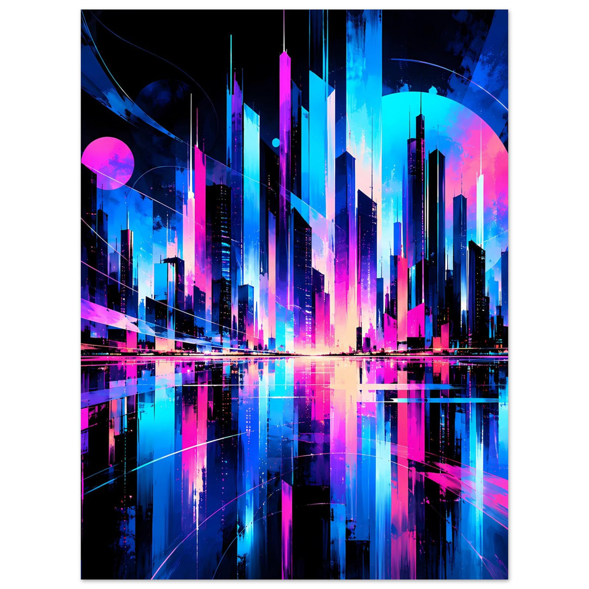 Neon-Stadtbild-Poster (Hochformat) mit Skyline, pinken Akzenten und blauen Neonstreifen
