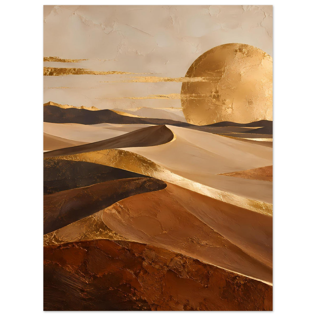Gerahmtes Poster mit Wüstenlandschaft: goldene Akzente, helle und dunkle Dünen