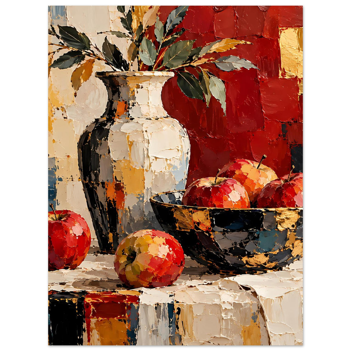 Kunstposter Stillleben mit Obstschale; rote Früchte, weiße Vase und goldene Akzente
