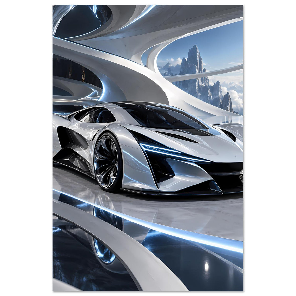 Vertikales Poster mit silbernem Supersportwagen, schwarzen Lufteinlässen und 3/4-Ansicht