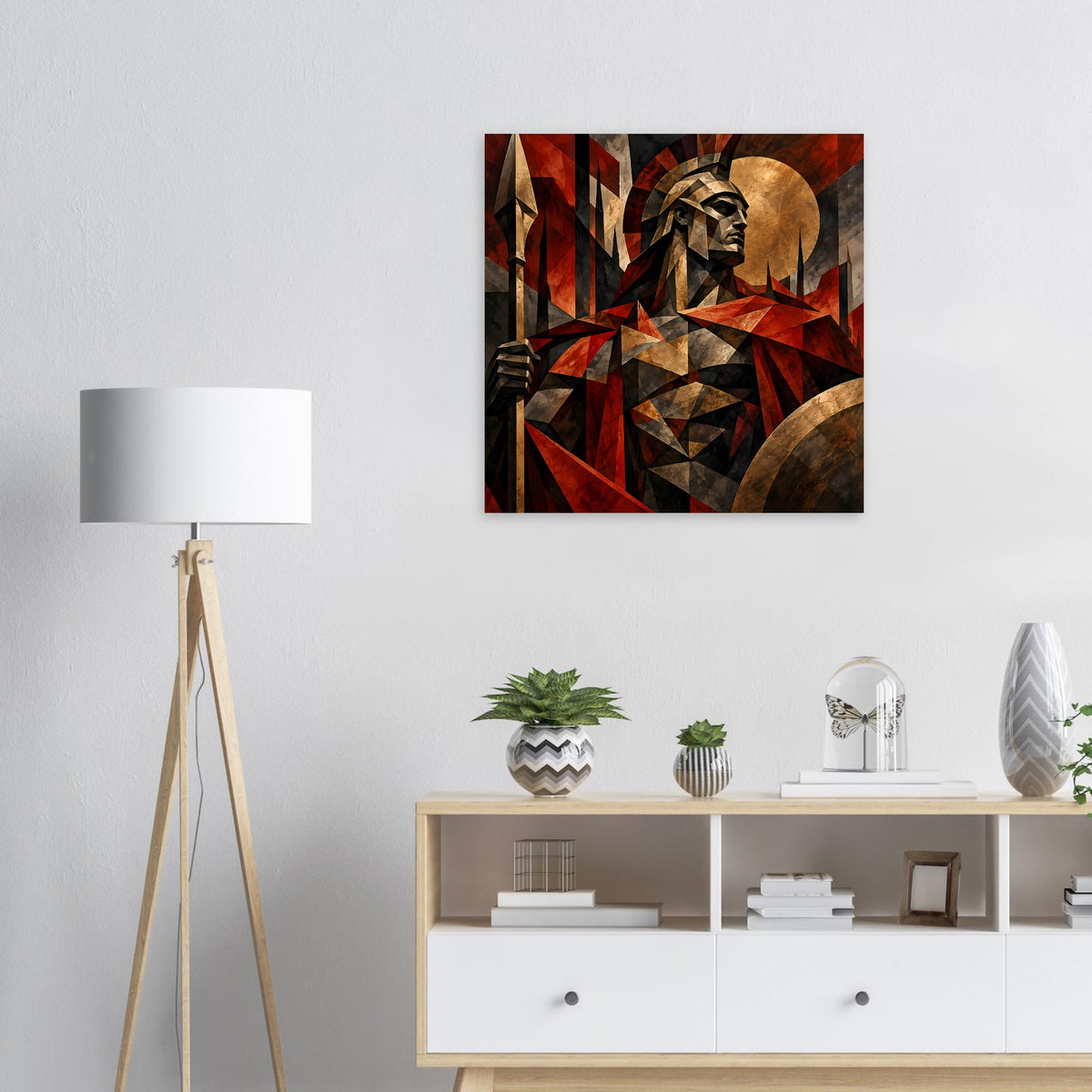 Wandposter mit stilisiertem Spartaner in geometrischen Rot- und Goldtönen